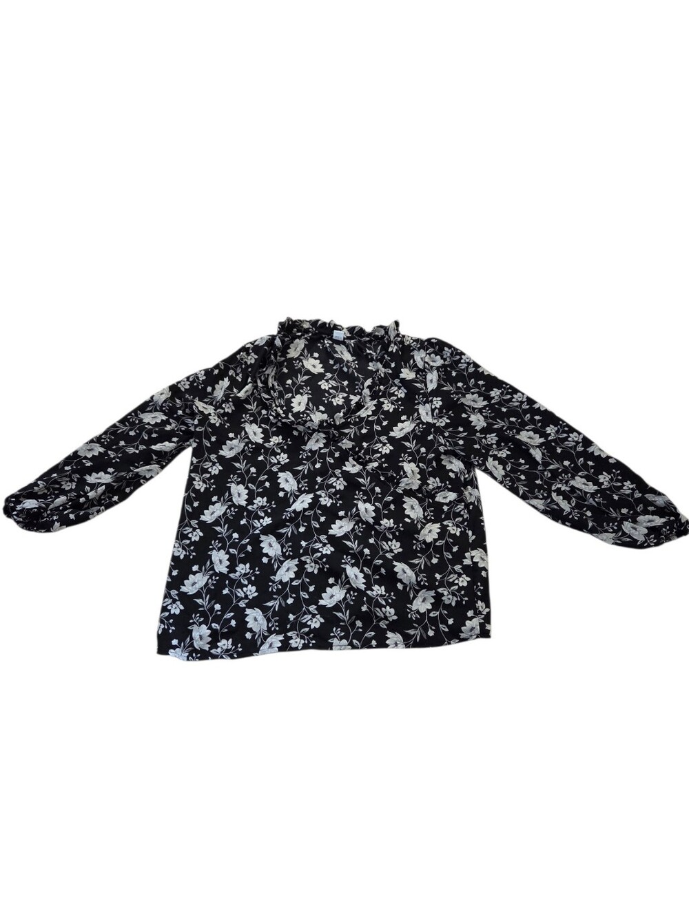 Old Navy Black/Gray Floral Long Sleeve Ruffled Blouse, L. EUC.